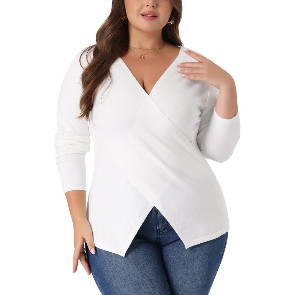 Plus Size Knit Sweater Women V Neck Long Sleeve Asymmetrical Casual